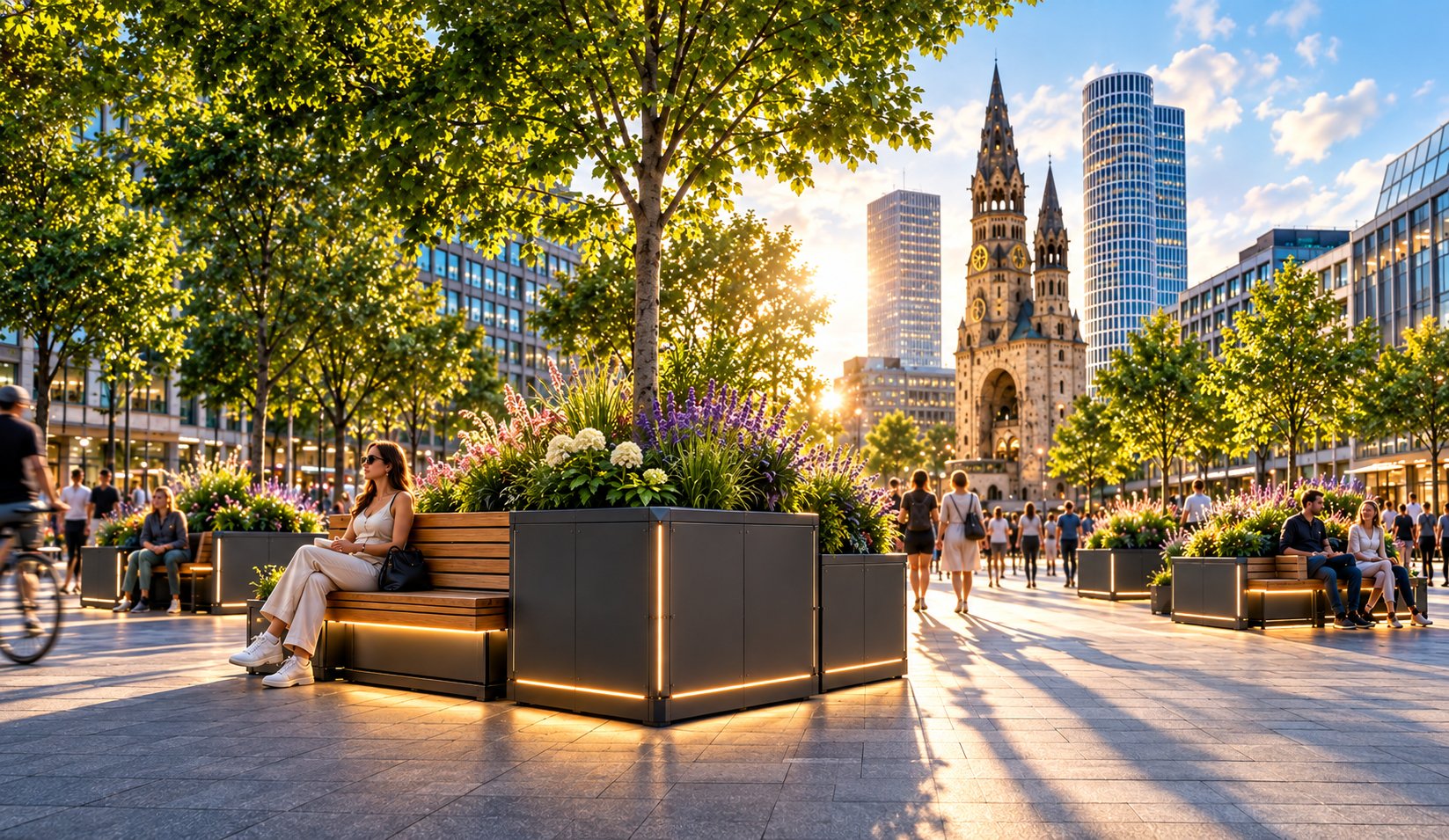 Visualisierung: Berlin-Cube am Breitscheidplatz — begrünte Sitzmodule vor der Gedächtniskirche
